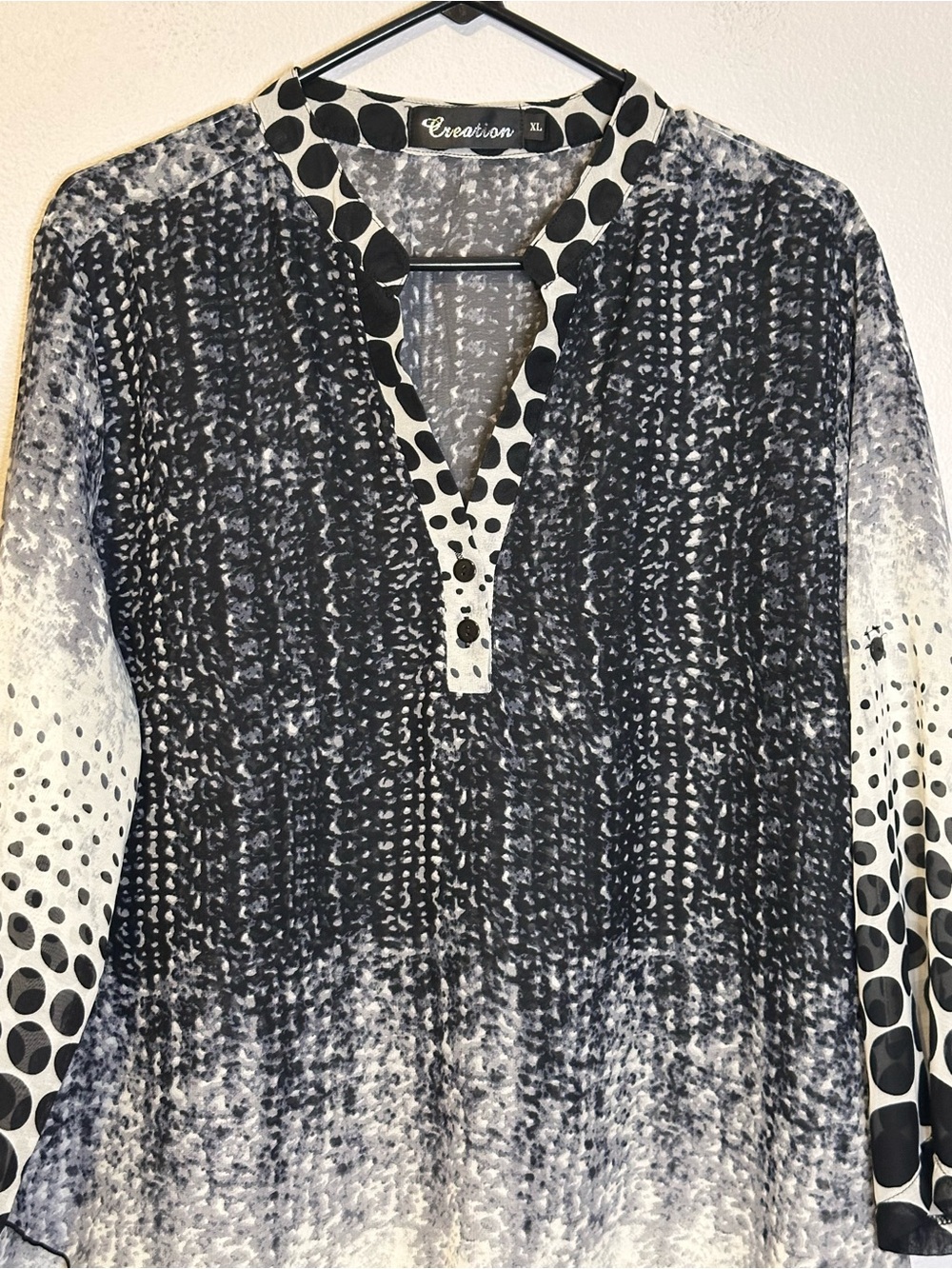 Creation XL Sheer Tunic Blouse Black White Polka Dot Abstract Layered Boho Top - Picture 3 of 13